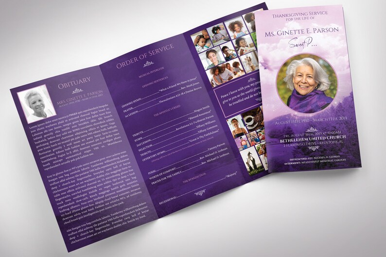 Purple Sky Funeral Program Legal Trifold Template for Canva features a purple flourishing landscape with beautiful ornaments, doves, and a pink sky. It is a Legal Size (Print Size 14x8.5 inches) and it Trifold to 4.75x8.5 inches.