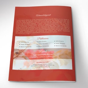 Cherry Funeral Program Word and Publisher Template has 8 pages and is designed with a Bougainvillea Flower and red cherry color. The Print Size is 11x8.5 inches, and it is Bi-fold to 5.5x8.5 inches. Designed for a funeral or memorial service.