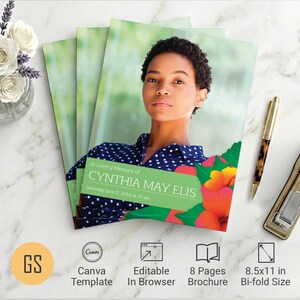 Tropical Hibiscus Funeral Program Template: 8 Page Bifold Obituary for Canva (8.5x11) Digital Download)