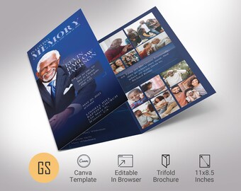 Blue Dawn Funeral Program Template Canva Trifold Magazine Style Obituary 11x8.5 Brochure (Digital Download)