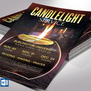 May include: A flyer advertising a candlelight service at Burlington University, Rookie Chapel, Room 221. The service will take place on 30 November, 31 November and 24 December at 7:00 PM. The flyer features a burning candle in a glass jar and the words "Reading, Singing, Prayer".