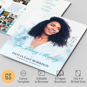 Sky Blue Floral Funeral Program Template: Celebration of Life (Canva, 8-Page Digital Download)