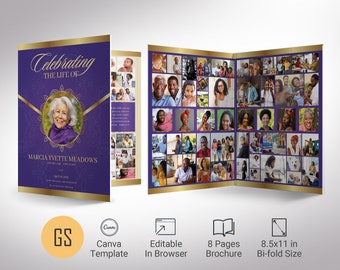 Victory Tabloid Funeral Program Template, Canva Template - Purple and Gold | Celebration of Life | 8 Pages | 11x17 in