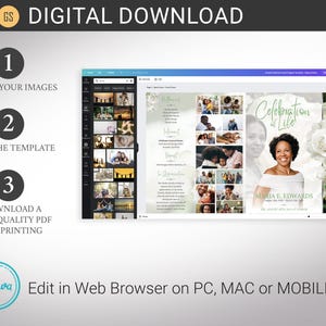 May include: Digital download template for a Celebration of Life. The image shows a Canva template with a photo collage, text, and floral elements. Instructions include uploading images, editing the template, and downloading a high-quality PDF for printing.