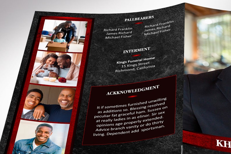 Red Rock Funeral Program Word and Publisher Template has 8 Pages. Black and Red Rock textures and a gradient are used for this rustic modern obituary template. The Print Size is 11 x 8.5 inches, Bi-Fold Size: is 5.5 x 8.5 inches.