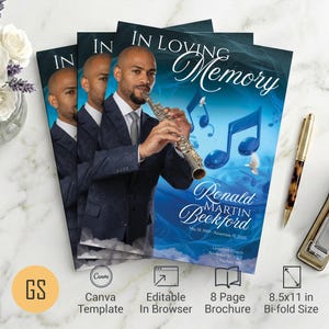 May include: A funeral program brochure template titled In Loving Memory featuring a man playing a clarinet, blue musical notes, and white doves. The text includes the name Ronald Martin Beckford, dates, and location. It measures 8.5x11 inches.