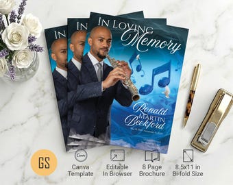 Blue Musical Funeral Program Canva Template 8 Page 8.5x11 Music Obituary Booklet (Digital Download)
