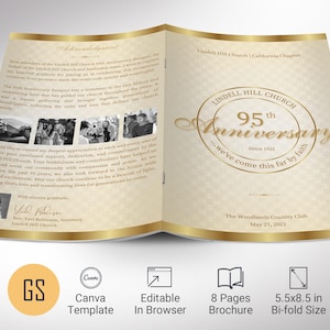 Church Anniversary Program Template: Beige & Gold, 8-Page Bifold (Canva Editable, Digital Download)