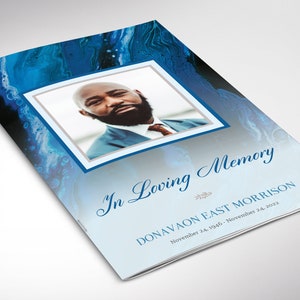 Blue Marble Funeral Program Template for Canva has 8 Pages. A modern Celebration of Life bi-fold brochure that has blue and brown decals laid over a decorative blue marble background. The Print Size of 11x8.5 inches is Bi-fold to 5.5x8.5 inches.