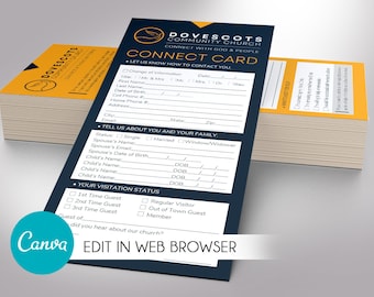 May include: A stack of rectangular paper connect cards for Doves cots Community Church. The cards feature a dark blue top section with white text, an orange accent, and a white form area with lines for contact information, family details, and visitation status.