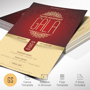 Modèle de Flyer de gala or rouge pour anniversaire du pasteur pour Canva