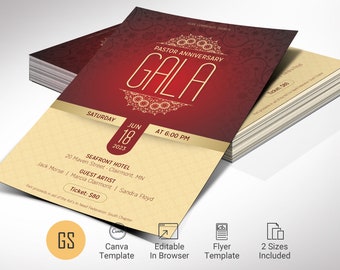 Red Gold Pastor Anniversary Gala Flyer Template, Canva Template - Church Anniversary, Banquet Flyer, Fundraiser Event