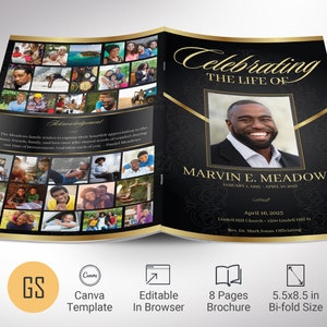 Plantilla de programa de funeral de la victoria para Canva, negro y dorado / Celebración de la vida, plantilla de obituario para hombres / 8 páginas, plegable 5,5 x 8,5 pulgadas