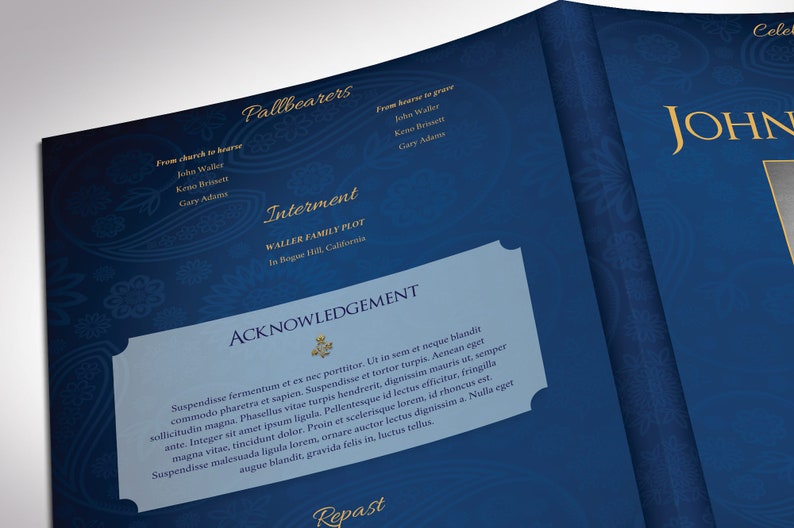 Blue Gold Dignity Funeral Program Large Template Word Template, Publisher V2, Celebration of Life 8 Pages 11x17 in image 7