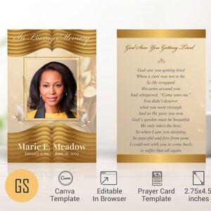 Gold Funeral Prayer Card Template for Canva, Loving Beige, Celebration of Life, Gift, Memory Card, Funeral Favor for Women, 2.75x4.5 in
