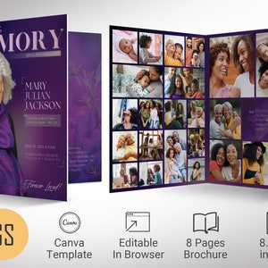 A magazine-style funeral program. Twilight Tabloid Funeral Program Template for Canva (8 pages, 17x11 inches, bifold to 8.5x11 inches). This expressively designed twilight purple celebration of life bi-fold brochure