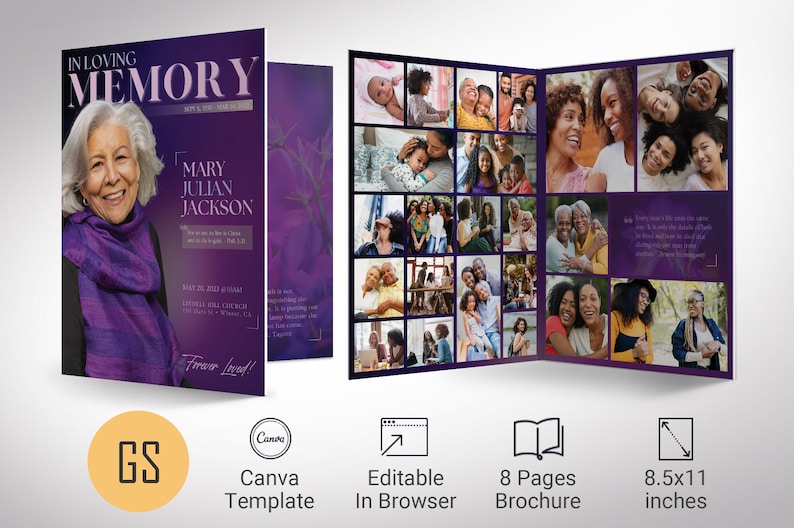 A magazine-style funeral program. Twilight Tabloid Funeral Program Template for Canva (8 pages, 17x11 inches, bifold to 8.5x11 inches). This expressively designed twilight purple celebration of life bi-fold brochure