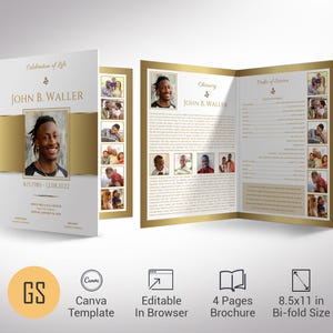 Gold Funeral Program Template: 4-Page Obituary, Celebration of Life (Canva, Digital Download)