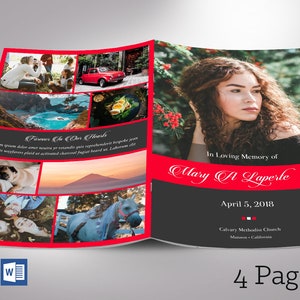 Remember Red Funeral Program Template for Word and Publisher 4 Pages |  Bi-fold to 5.5x8.5 inches