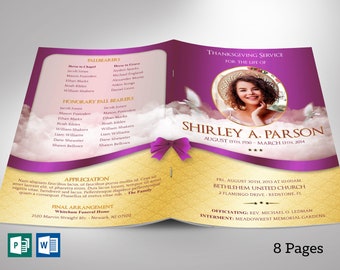 Ribbon Funeral Program Template, Purple Gold | Word Template, Publisher | Celebration of Life | 8 Pages | 5.5x8.5 inches