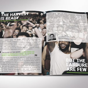 Catalyst Youth Conference Program Template for Canva. This 8-page church brochure features a bold green and black geometric design that’s modern and eye-catching. Measuring 11x8.5 inches flat and folding neatly into 5.5x8.5 inches,