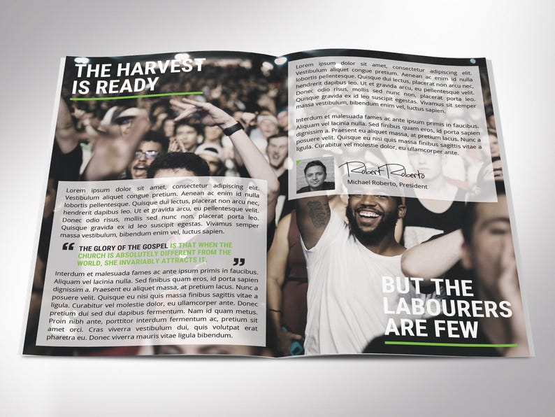 Catalyst Youth Conference Program Template for Canva. This 8-page church brochure features a bold green and black geometric design that’s modern and eye-catching. Measuring 11x8.5 inches flat and folding neatly into 5.5x8.5 inches,