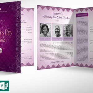 Mothers Day Gala Tabloid Program Template for Word and Publisher has 4 pages. The Banquet Program features a vintage purple decorative theme. The Church bulletin Print Size of 17x11 inches is Bi-Fold to 8.5x11 inches. Ideal program for Mothers Day