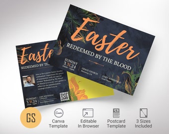 Easter Sunday Church Postcard Template, Canva Template, Orange Blue Green, Church Invitation, Easter Service, Resurrection Sunday | 3 Sizes