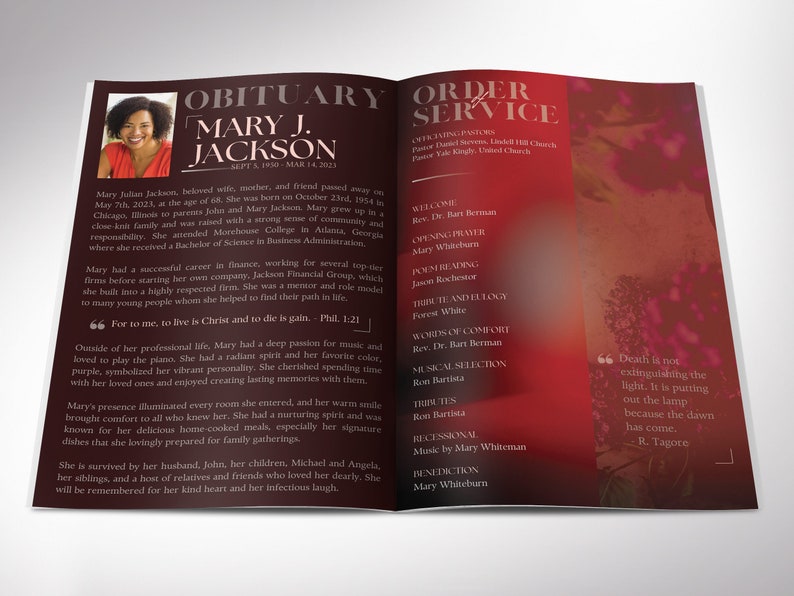Red Dawn Funeral Program Template, Canva Template Magazine Style, Celebration of Life, 8 Pages, 5.5x8.5 inches image 2