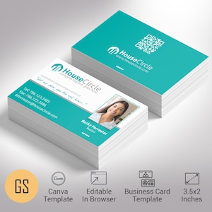 Modèle de toile de carte de visite immobilier, bleu aqua et blanc, entreprise 3,5 x 2" papeterie modifiable et imprimable en téléchargement numérique