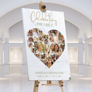 Transform your cherished memories into a beautiful tribute with the Tropica Funeral Heart Photo Collage Template for Canva. This large funeral welcome sign features a Photo Heart Shape Collage that showcases your loved ones special moments