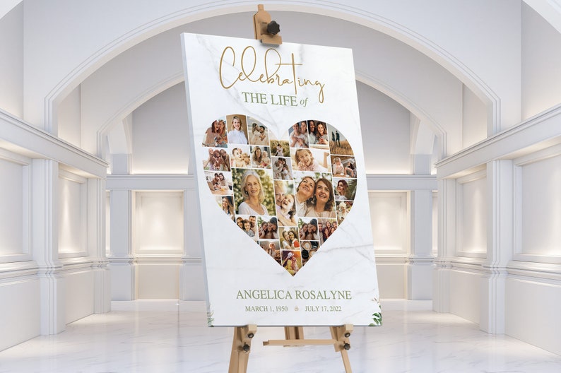 Transform your cherished memories into a beautiful tribute with the Tropica Funeral Heart Photo Collage Template for Canva. This large funeral welcome sign features a Photo Heart Shape Collage that showcases your loved ones special moments