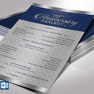 Szablon programu rocznicy kościoła, Word i Publisher, diamentowy srebrny i niebieski, bankiet z podziękowaniami dla pastorów, edytowalny do wydruku, 5,5 x 8,5 cala