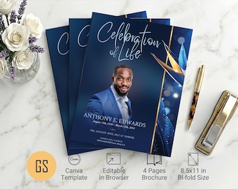 Blue Paradise Funeral Program Template | Canva: 4-Page Tabloid Bifold Memorial Obituary (8.5x11) Digital Download