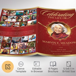 Plantilla de programa de funeral de victoria para Canva, rojo dorado, celebración de la vida, plantilla de obituario para mujeres, 8 páginas, imprimible y editable, 5,5 x 8,5"