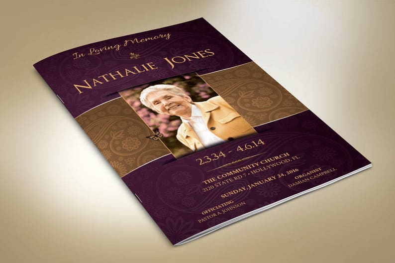 Royal Funeral Program Template, Purple Gold Word Template, Publisher Celebration of Life 8 Pages 5.5x8.5 inches image 5