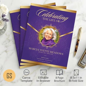 Purple and Gold Funeral Program Template | Canva: 8-Page Tabloid Bifold Obituary (8.5x11) Digital Download