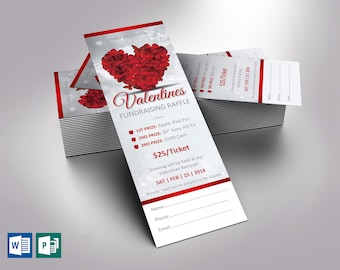 Valentine's Day Raffle Ticket Template for Word and Publisher: Red Petal Heart Design (2x7)