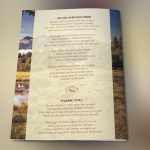 Nature Funeral Program Photoshop Template V1 features nature scenery, a yellow earth tone, and brown text. The Print Size is 11x8.5 inches, and it Bi-Fold to 5.5x8.5 inches. It is a modern funeral service bi-fold brochure. For males and females.