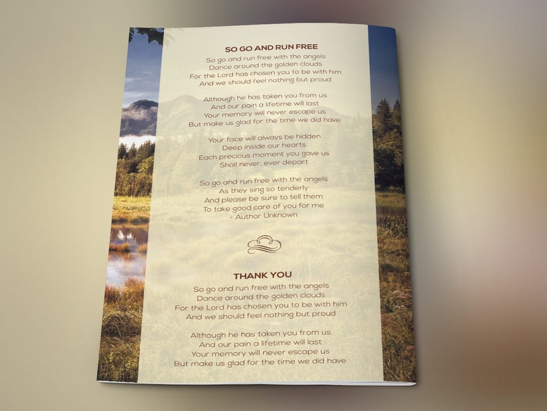 Nature Funeral Program Photoshop Template V1 features nature scenery, a yellow earth tone, and brown text. The Print Size is 11x8.5 inches, and it Bi-Fold to 5.5x8.5 inches. It is a modern funeral service bi-fold brochure. For males and females.