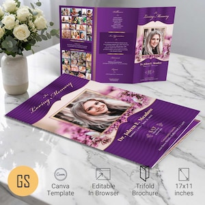 Purple & Gold Waves Funeral Program Template | Canva: Tabloid Trifold Memorial Obituary (11x17) Digital Download