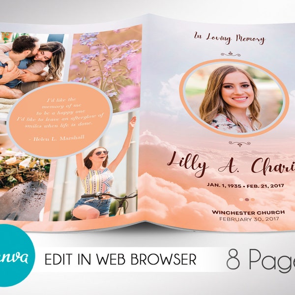 Peach Heaven Funeral Program Template, Canva Template | Celebration of Life, Obituary Program for Women | 8 Page | 5.5x8.5 in