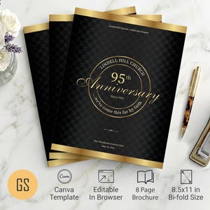 Diamond Church Anniversary Program Template | Canva: Black & Gold 8-Page Bifold Brochure (8.5x11) Digital Download