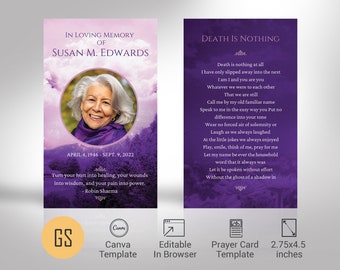 Violet Sky Funeral Prayer Card Template, Canva Template | Celebration of Life, Funeral Favor, Memorial Keepsake for Women | 3x5 in