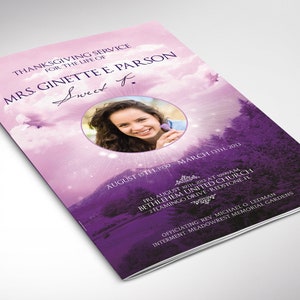 Purple Sky Funeral Program Word and Publisher Template have 8 Pages and is decorated with beautiful ornaments, doves, and a flourishing landscape over a beautiful purple background. The Print Size is 11x8.5 inches and it Bi-Fold to 5.5x8.5 inches.