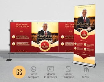 Red and Gold Pastor Anniversary Banner Template, Canva Template, Retractable Banner, Rollup Design, Hanging Vinyl