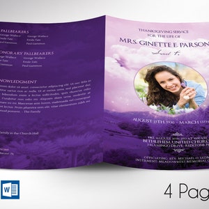 Violet Sky Funeral Program Template | Word Template, Publisher | Celebration of life | 4 Pages | Bifold to 5.5x8.5 in