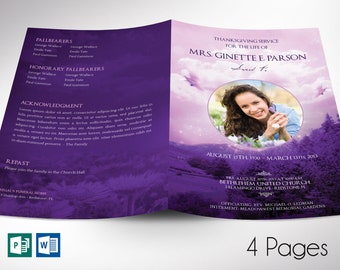 Violet Sky Funeral Program Template | Word Template, Publisher | Celebration of life | 4 Pages | Bifold to 5.5x8.5 in