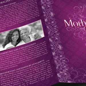 Mothers Day Gala Tabloid Program Template for Word and Publisher has 4 pages. The Banquet Program features a vintage purple decorative theme. The Church bulletin Print Size of 17x11 inches is Bi-Fold to 8.5x11 inches. Ideal program for Mothers Day