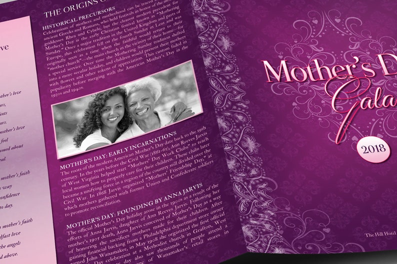 Mothers Day Gala Tabloid Program Template for Word and Publisher has 4 pages. The Banquet Program features a vintage purple decorative theme. The Church bulletin Print Size of 17x11 inches is Bi-Fold to 8.5x11 inches. Ideal program for Mothers Day